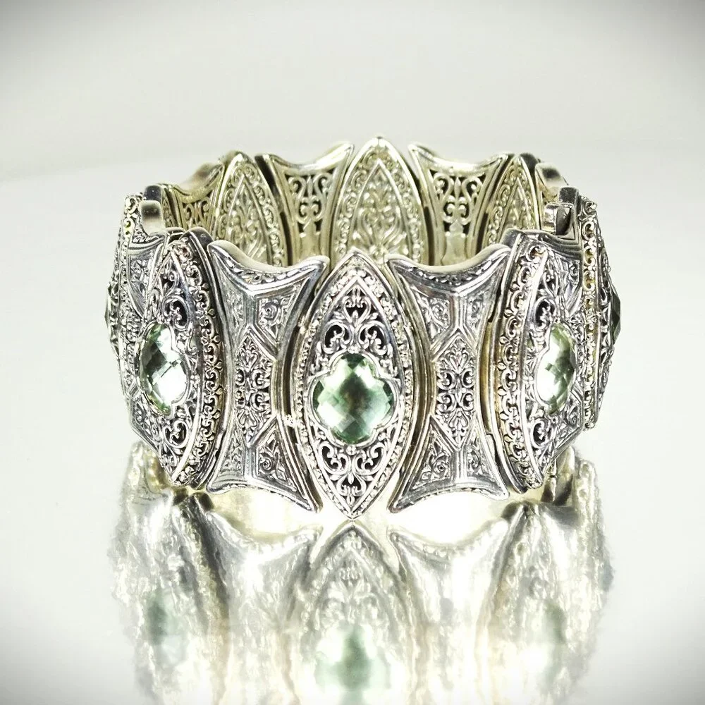 KONSTANTINO Sterling Silver Faceted Prasiolite Wide Link Bracelet 121 Grams - Picture 3 of 13